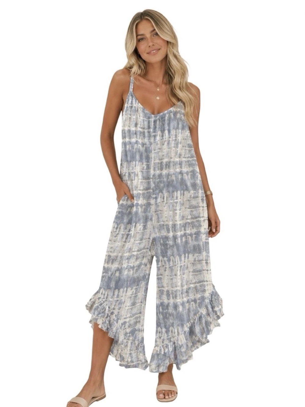 Japna Small Blue & White Tie-Dye Ruffle-Hem Wide-Leg Jumpsuit with pockets